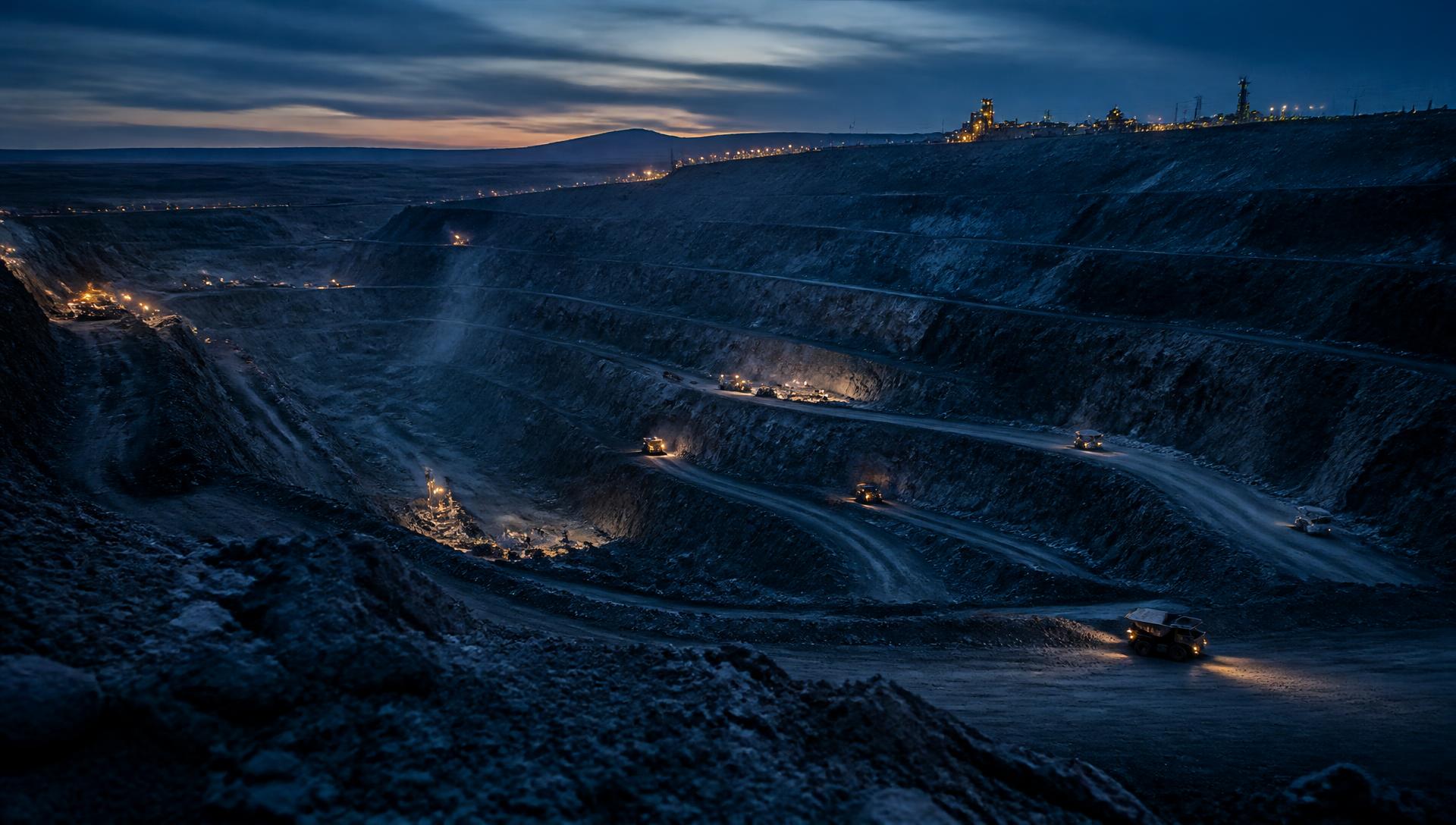 Open-pit tungsten mine at dusk in the Kazakh steppe